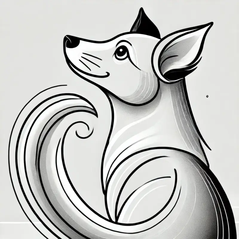 부드럽게 휘어진 꼬리와 반려견의 시선이 유대감을 전달하며, 개의 무언의 언어를 표현하고자 했습니다. 배경은 미니멀하고 선은 깨끗하게 그렸습니다.