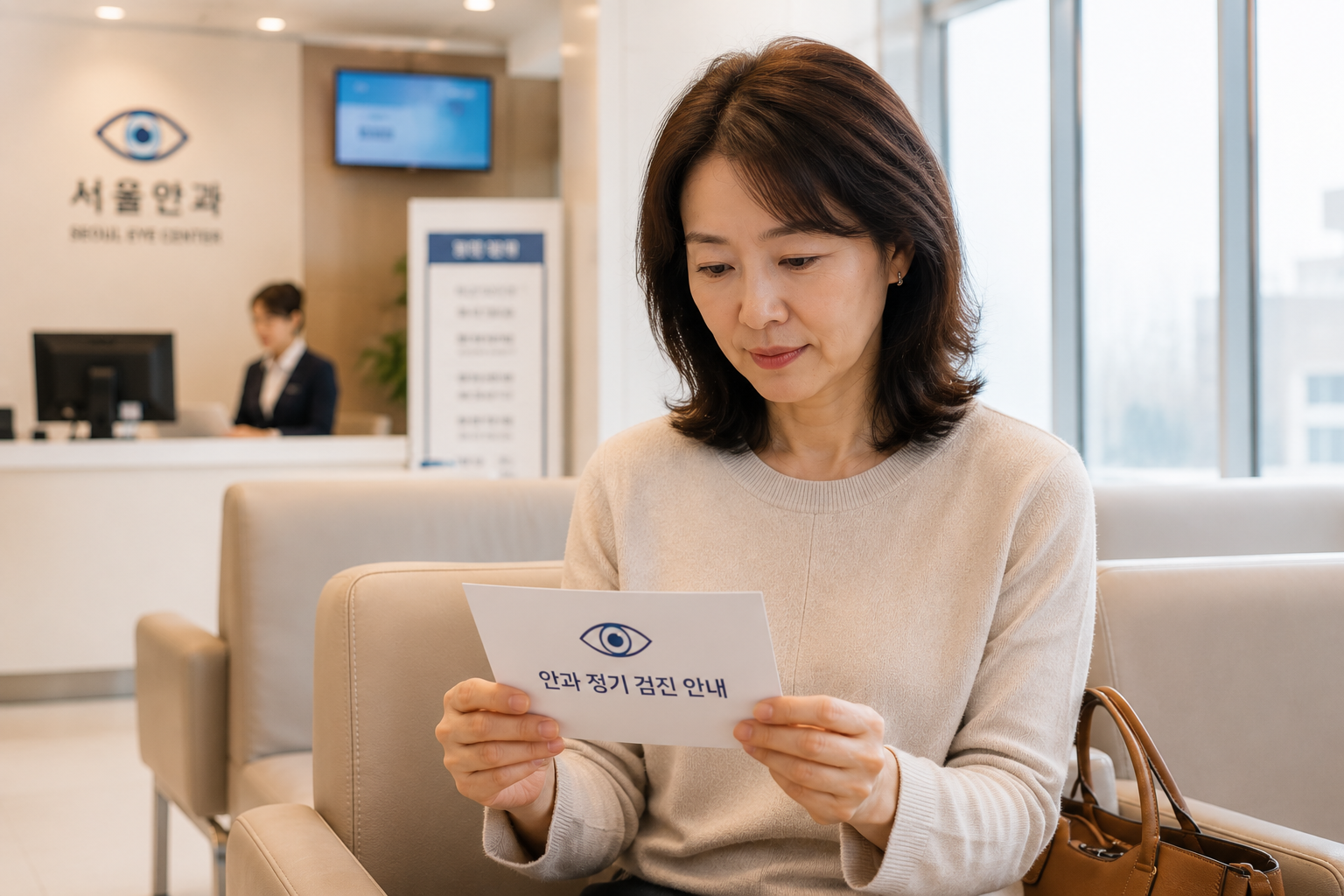 안과 대기실에서 검진 안내 카드를 확인하는 중년 여성