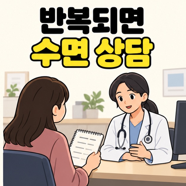 반복되면 수면 상담이라는 문구 아래 여성 환자가 기록 수첩을 보여주며 의사와 상담하는 그림