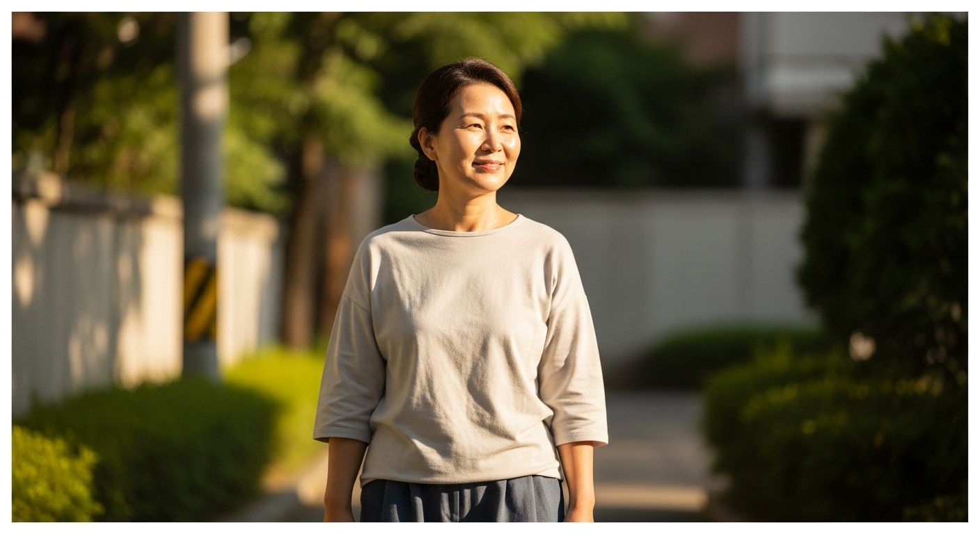 아침 햇살 아래 산책하는 여성