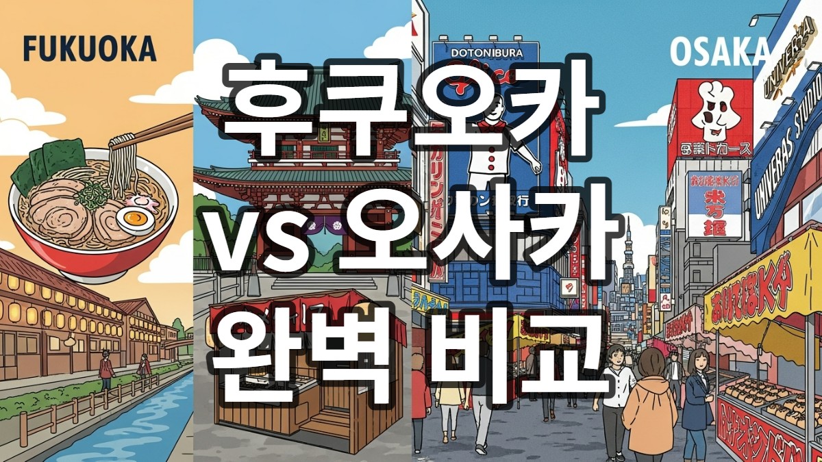 2025년 후쿠오카와 오사카의 매력을 한눈에 비교하는 분할 화면 이미지: 후쿠오카는 돈코츠 라멘과 야타이, 다자이후 텐만구로 여유로운 분위기를, 오사카는 도톤보리 거리의 화려한 네온사인, 타코야키, 오사카성으로 활기찬 도시를 표현.
