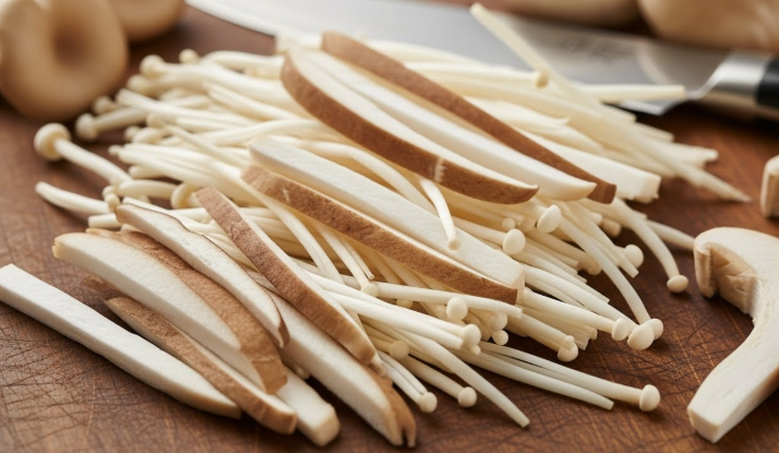 새송이버섯 또는 느타리버섯을 감자채와 비슷한 크기로 썰어 준비한 모습