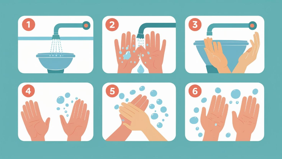 흐르는 물 + 비누로 손 전체(손바닥·손등·손가락 사이·엄지·손톱 밑·손목) 30초 이상 문지릅니다.