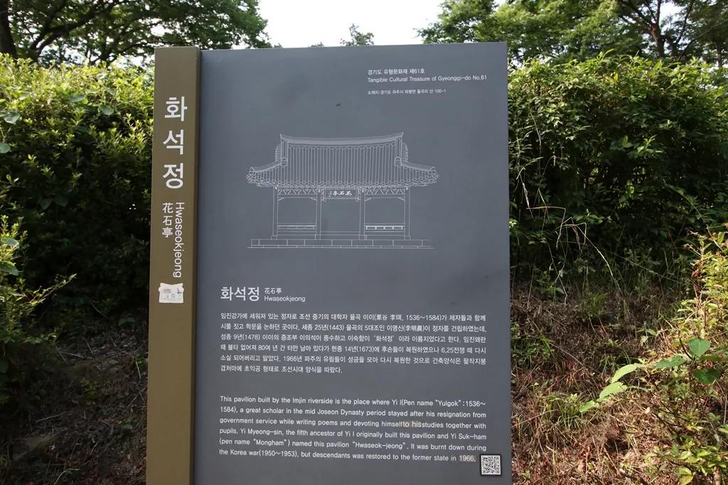 화석정 역사 안내. 율곡 이이 선생의 발자취가 서린 화석정의 유래를 설명한 안내판 사진.