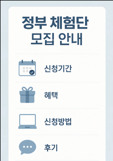 정부 체험단 모집 안내 인포그래픽: 신청기간, 혜택, 방법, 후기