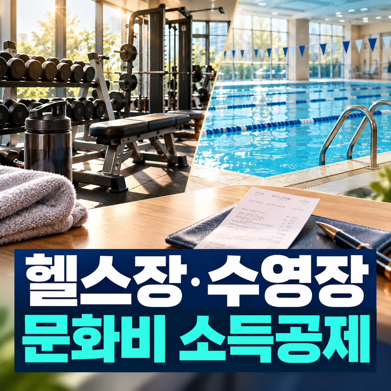 덤벨이 있는 헬스장과 실내 수영장을 나란히 보여주며 문화비 소득공제 문구를 표시한 대표 이미지