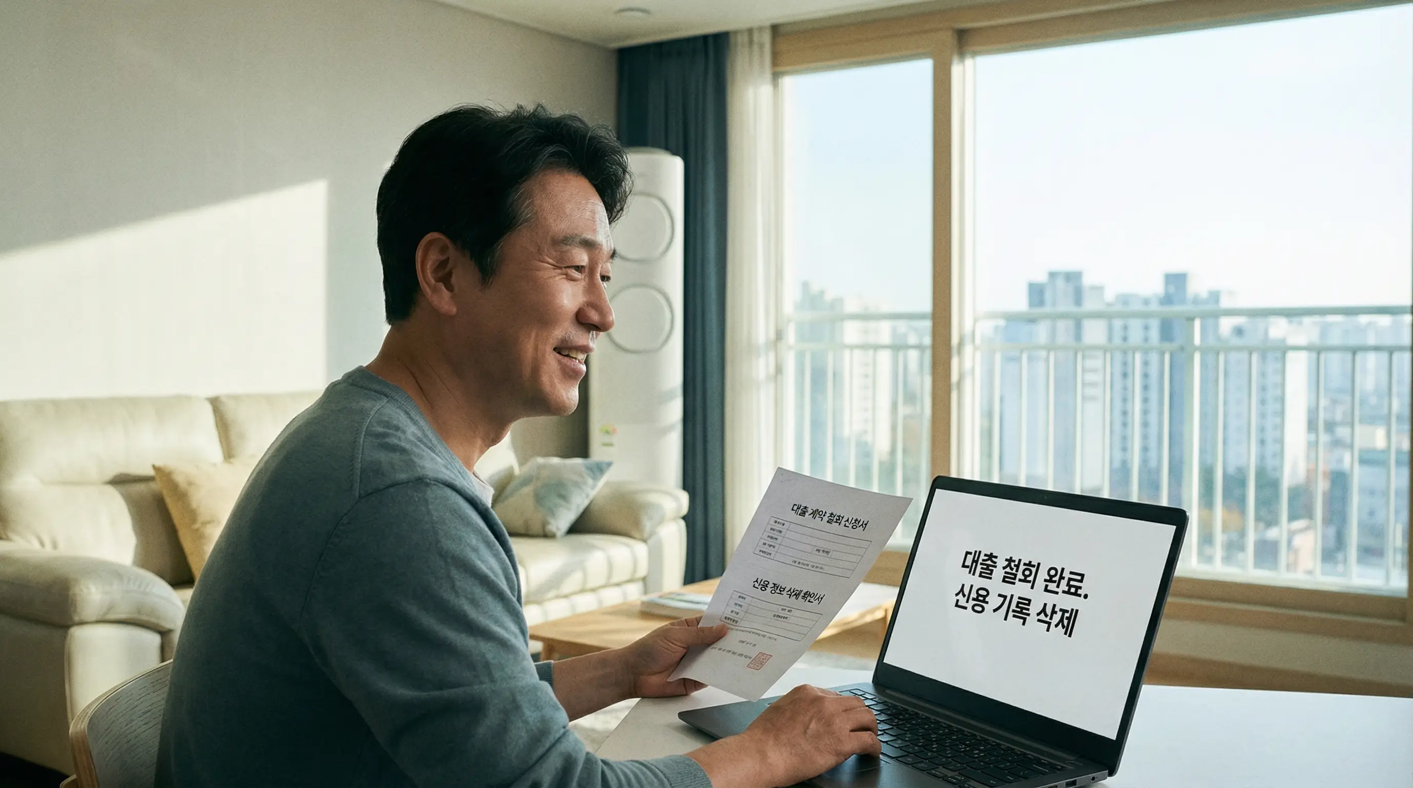 대출 실행 후 14일 이내에 철회권을 사용하여 기록을 지우고 안도하는 모습