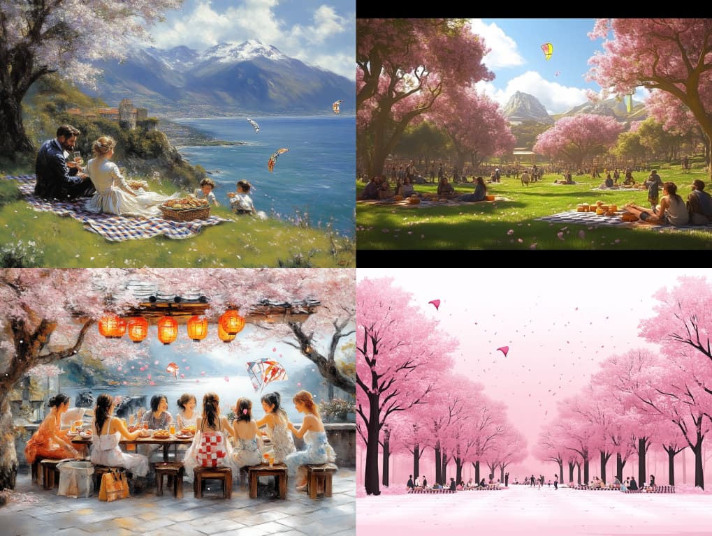 만개한 벚꽃 아래 펼쳐지는 다채로운 봄날의 풍경들을 담은 이미지 콜라주입니다. 푸른 바다와 설산이 보이는 언덕에서 피크닉을 즐기는 가족, 벚꽃 나무 아래 돗자리를 펴고 여유로운 시간을 보내는 사람들, 전통적인 분위기 속에서 음식을 나누는 여성들의 모습, 그리고 벚꽃 터널을 거니는 연인들의 모습까지, 봄의 아름다움과 함께하는 행복한 순간들이 다채롭게 표현되어 있습니다. 봄나들이, 벚꽃 축제, 가족 여행 등 봄과 관련된 이미지 콘텐츠에 활용하기 좋습니다.
