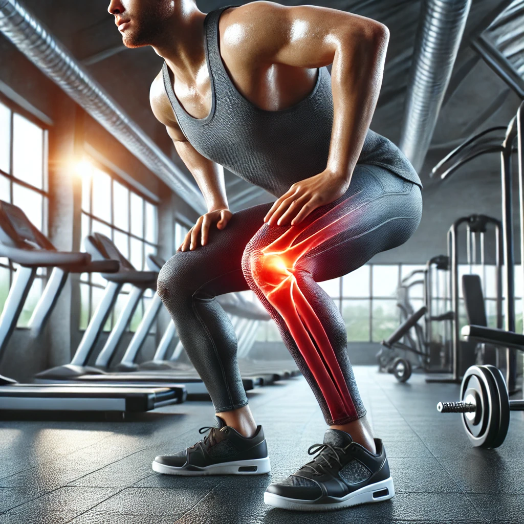 헬스장에서 무릎에 무리가 가는 운동을 하는 모습