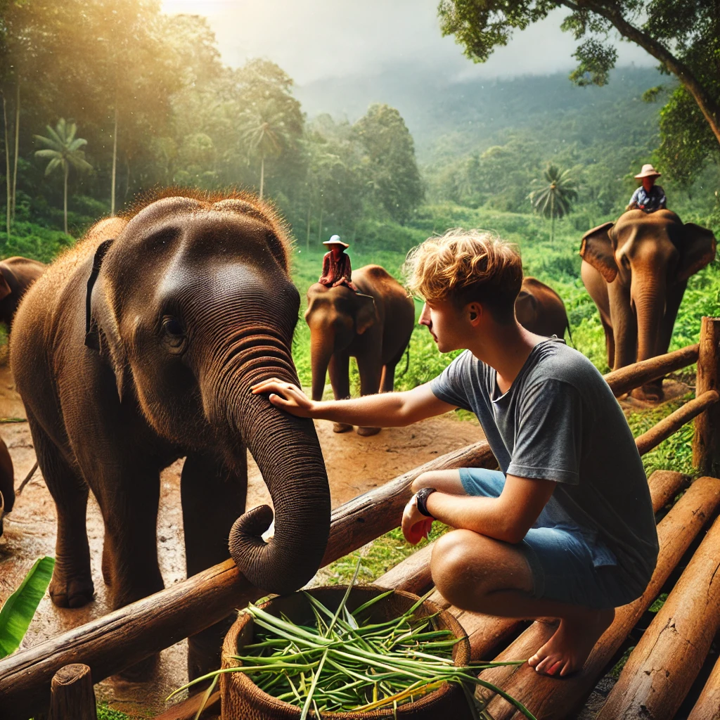 치앙마이 코끼리 보호구역에서 코끼리와 교감하는 모습