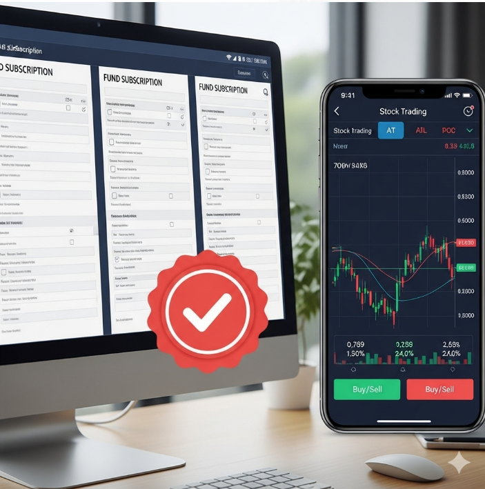두 개의 화면이 나란히 놓여있다. 한 화면은 펀드 가입 서류와 도장 아이콘이, 다른 화면은 스마트폰으로 주식 앱을 띄워놓고 거래하는 모습이 보여져 있다.