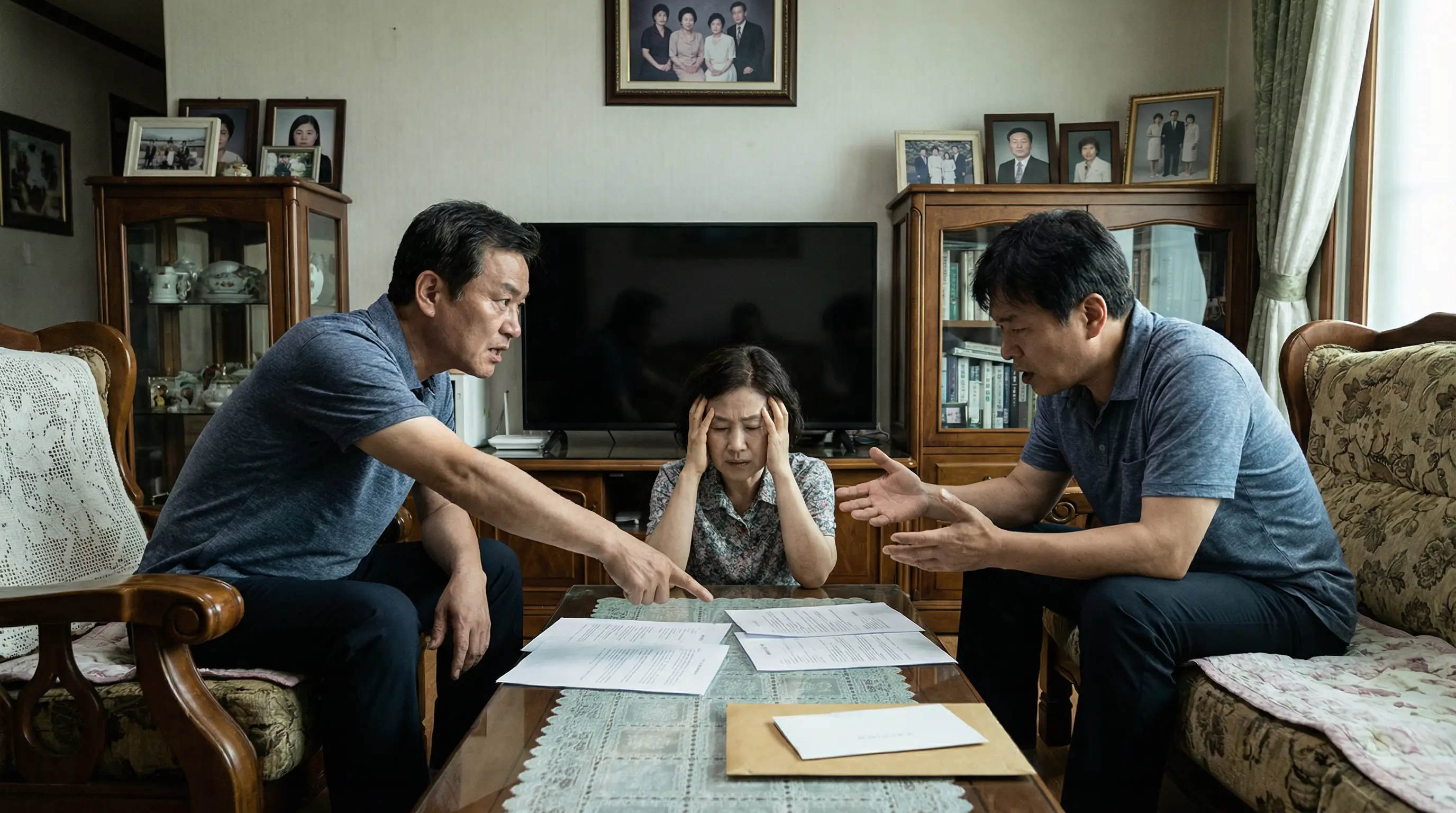 한국인 중년 형제자매 세 명이 거실에서 상속 부동산 서류를 놓고 서로 다른 의견으로 갈등하며 심각하게 대화하는 모습