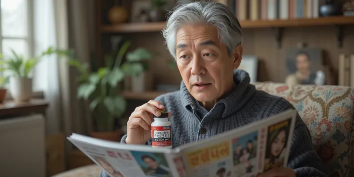건강 잡지 읽으며 피세틴 먹는 모습