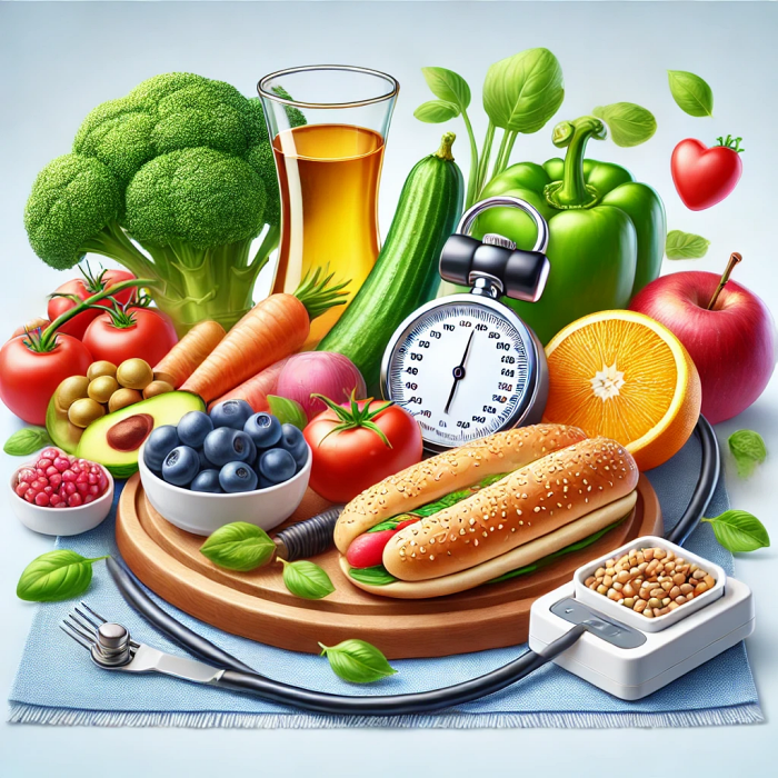 과일, 채소, 올리브 오일 등 혈압에 좋은 음식으로 구성된 건강한 식단 이미지