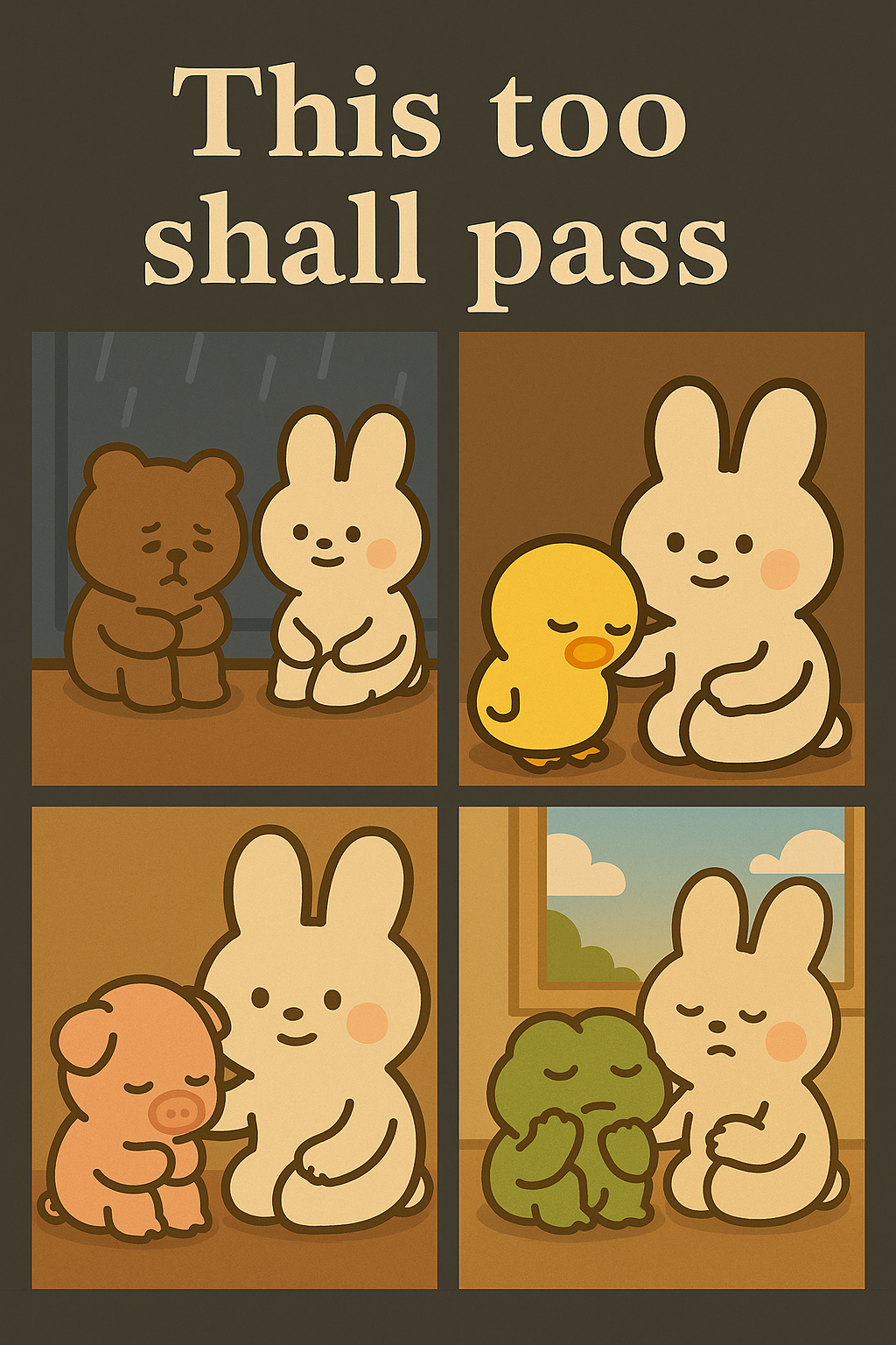 네 칸으로 구성된 따뜻한 감성 일러스트. 각 칸에는 눈물 흘리는 동물 친구들(곰, 병아리, 돼지, 개구리)을 위로하는 크림색 토끼 캐릭터 윤댕이가 등장한다. 토끼는 곁에 앉아 있거나 등을 다정히 어루만지며 위로를 건네고 있으며, 상단에는 부드러운 서체로 &ldquo;This too shall pass&rdquo;라는 문장이 쓰여 있다.