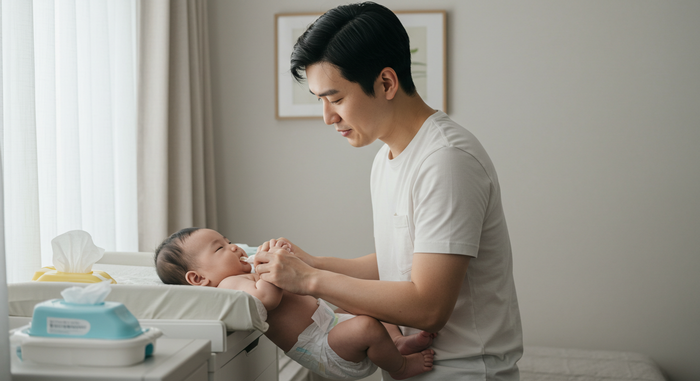 아빠가 아기 기저귀 확인하는 장면