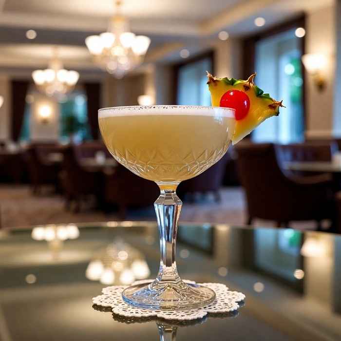 우아한 상아색 빛깔과 파인애플 장식이 돋보이는 퀸즈 칵테일 완성 사진