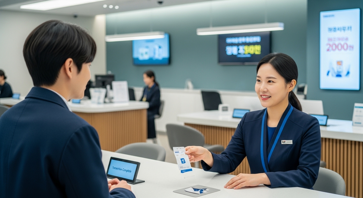 KT 대리점에서 새로운 유심 카드를 받아 교체하는 사람들의 모습입니다.