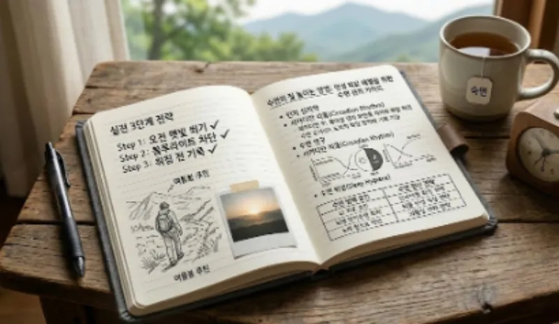 서카디안 리듬 이론과 야외 산책, 수첩 기록을 통한 수면의 질 향상 루틴을 손글씨로 세밀하게 그린 멘탈 건강 수첩 사진