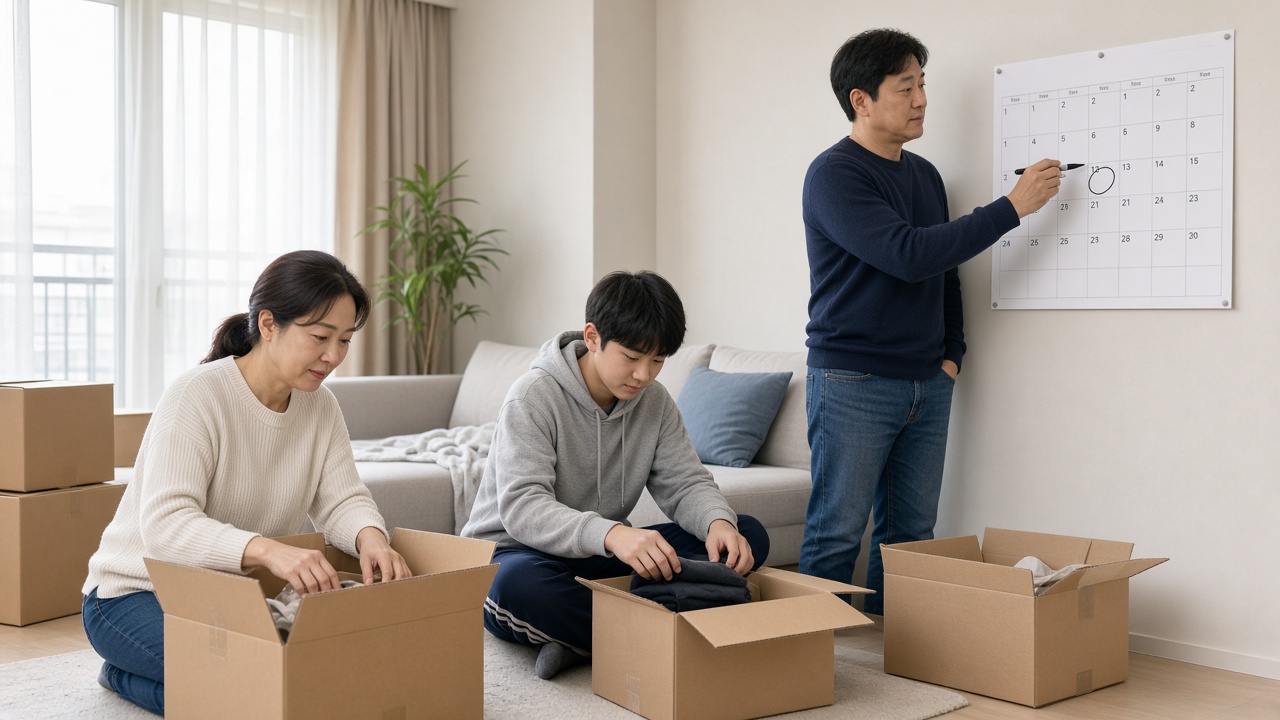밝은 거실에서 이삿짐 상자를 싸는 한국인 40대 부부와 10대 아들, 달력에 날짜를 표시하는 아버지