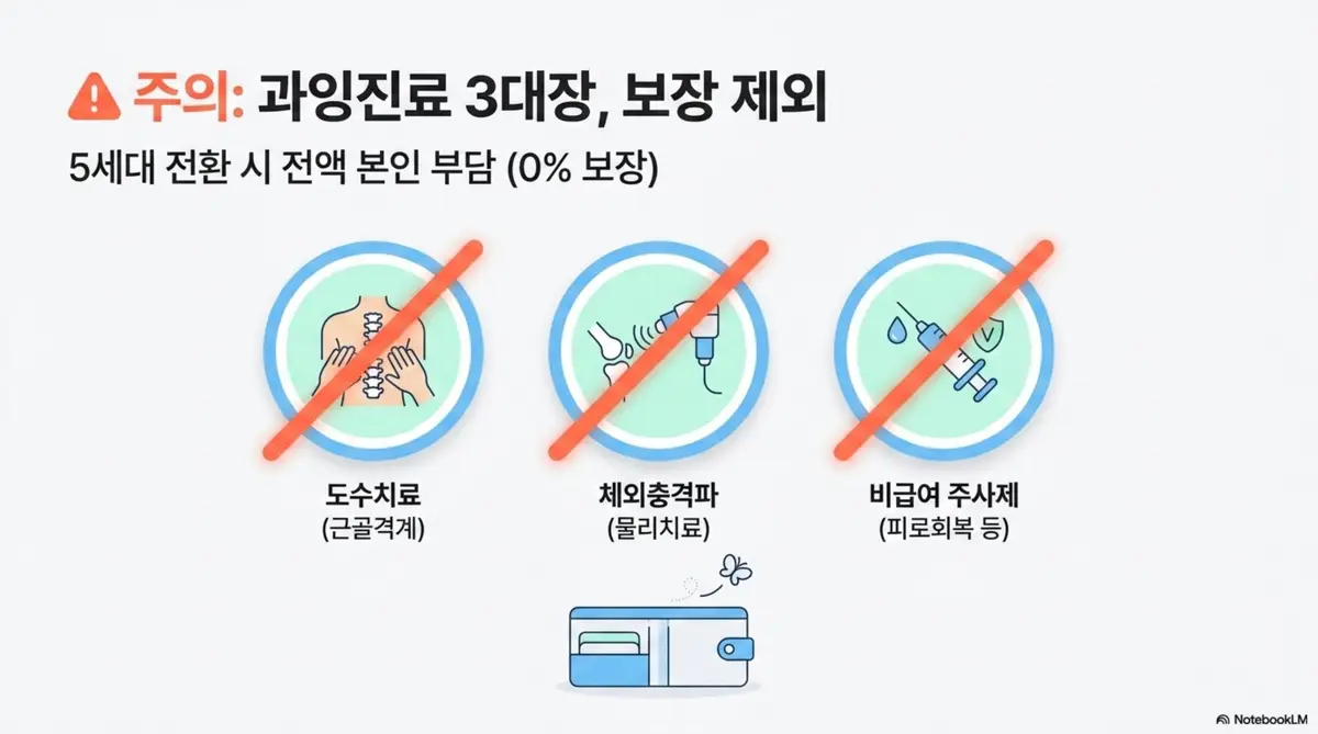  5세대 실손보험에서 보장 제외되는 과잉진료 3대 항목인 도수치료와 체외충격파 그리고 비급여 주사제를 금지 표시 아이콘으로 강조한 인포그래픽 이미지. 5세대 전환 시 이 항목들은 전액 본인 부담임을 안내한다 