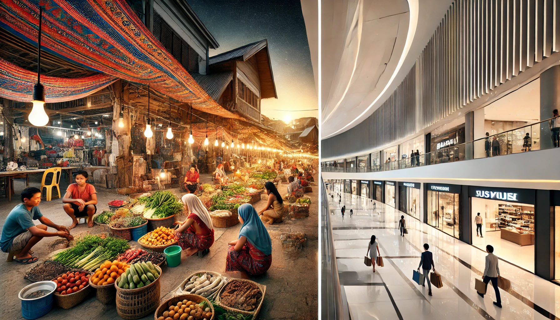 보홀의 활기찬 로컬 마켓과 현대적인 대형 쇼핑몰 내부 전경