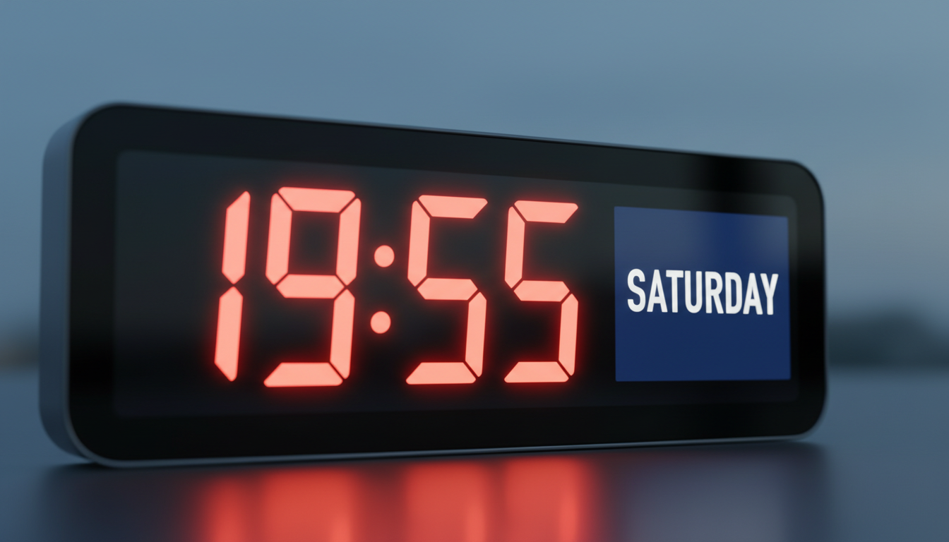 토요일 저녁 8시 마감 시간을 앞둔 저녁 7시 55분을 가리키는 디지털 시계와 'Saturday'가 표시된 달력 이미지