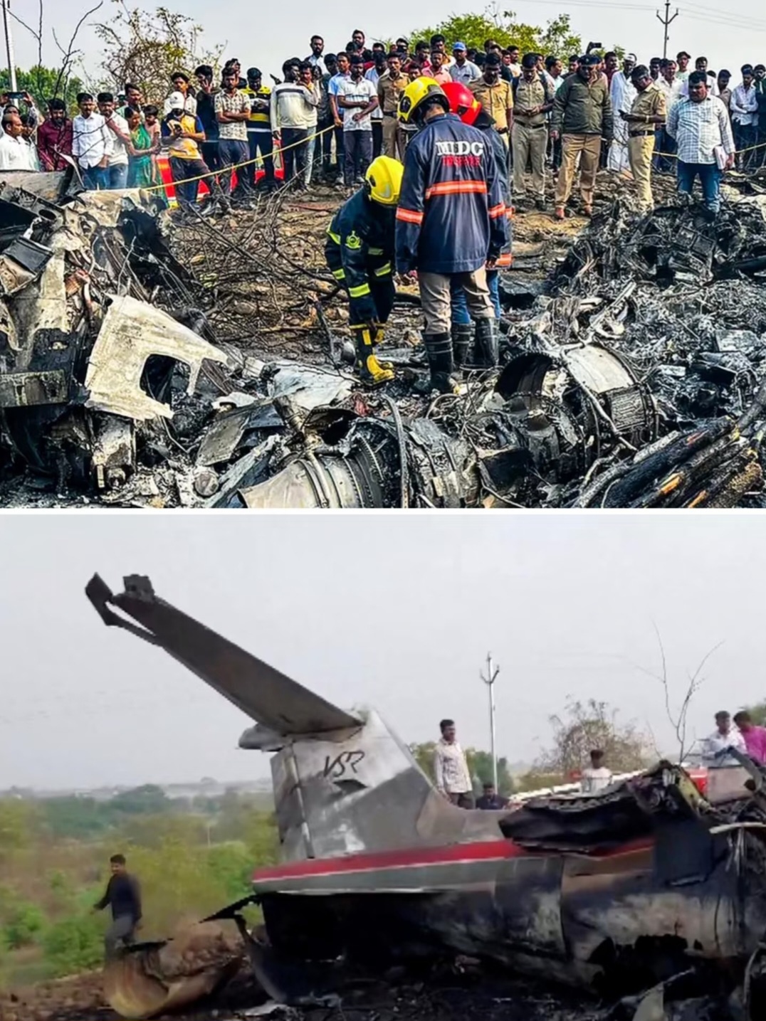 비행기추락화재진압후소방관들이점검하고있는사진