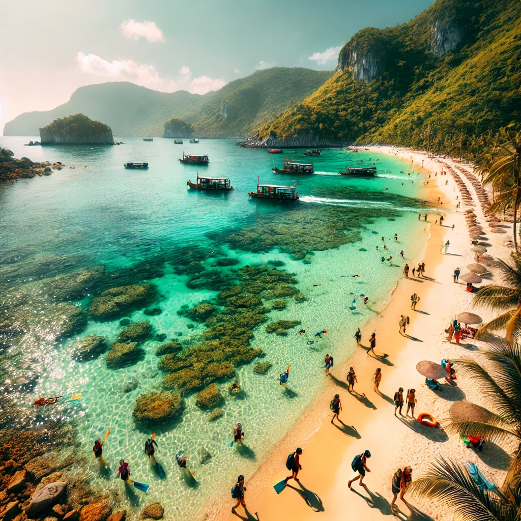 참섬 해변의 에메랄드빛 바다와 스노클링 장비를 든 여행자들