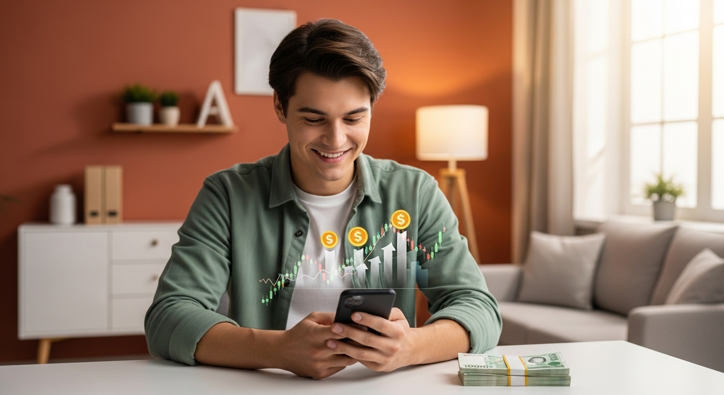스마트폰으로 주식 차트를 보며 미소 짓는 사람과 옆에 놓인 10만원권 지폐 더미. 소액 주식 투자의 즐거움을 표현한 이미지.