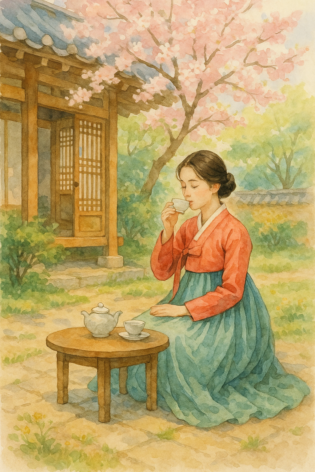 벚꽃이 흐드러지게 핀 봄날의 시골 풍경, 수채화 스타일, 따뜻한 색감, 지브리 배경처럼 그려줘