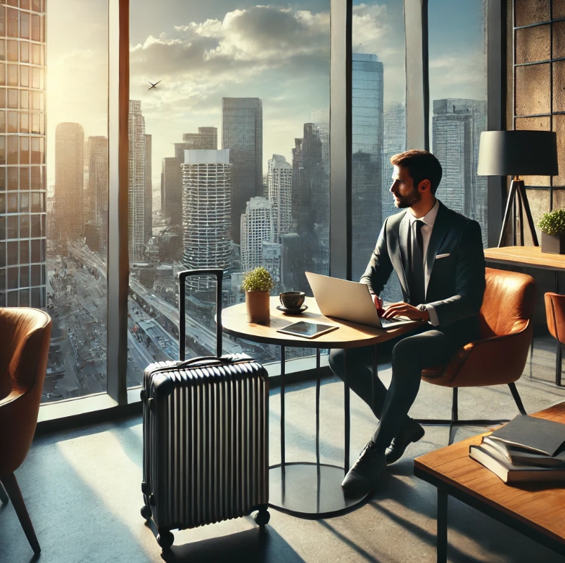 이 장면은 멋진 도시 전망을 제공하는 대형 창문이 있는 세련된 코워킹 스페이스에서 노트북을 작업하는 전문가의 모습을 담고 있습니다. 여행자 옆에는 여행을 알리는 여행 가방이 놓여 있습니다