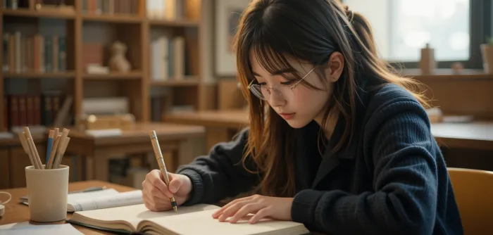 카페에서 운세책을 보며 기록하는 여성