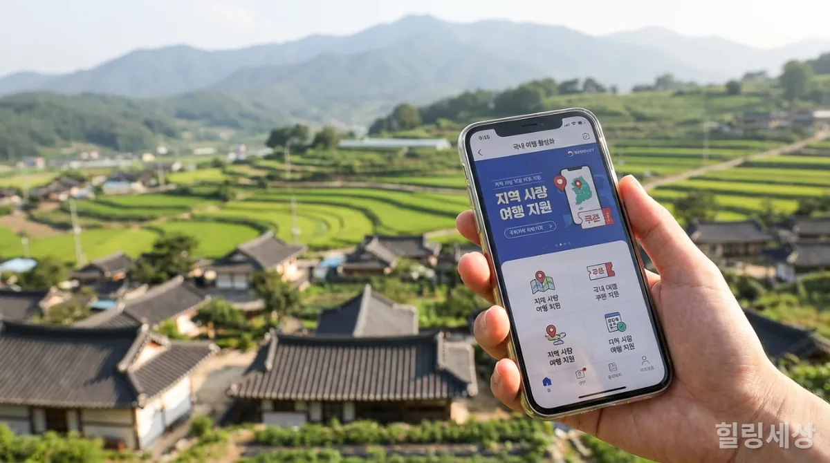 지역사랑 휴가지원 앱 화면을 보여주는 손과 한적한 시골 풍경
