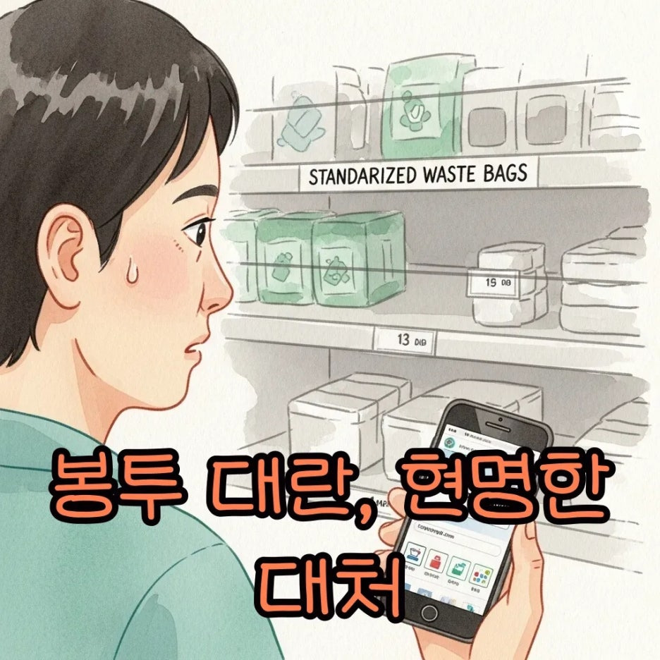 봉투가 없어 난감한 시민이 해결책을 찾는 모습.