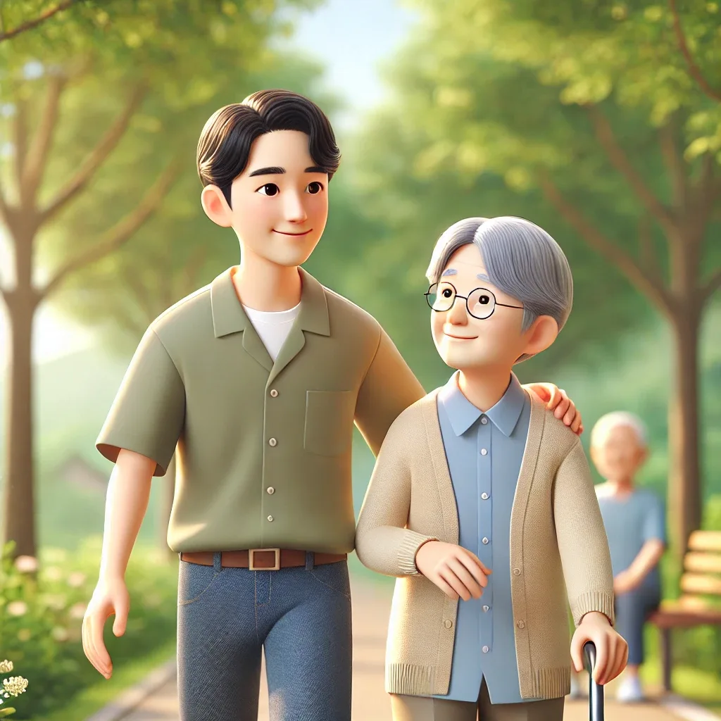 3D 스타일로 표현된 40~50대 한국인 남자 요양보호사가 어르신과 함께 산책하는 따뜻한 장면