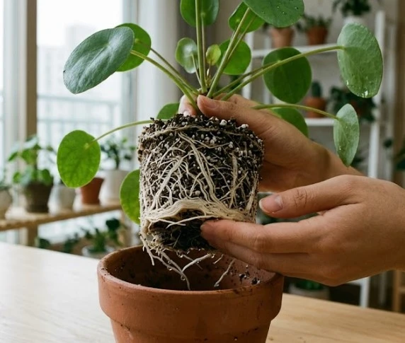 햇살이 비치는 거실에서 필레아 페페로미오이드의 화분을 분리하여 가득 찬 뿌리 상태를 점검하고 더 큰 토분으로 분갈이를 준비하는 모습