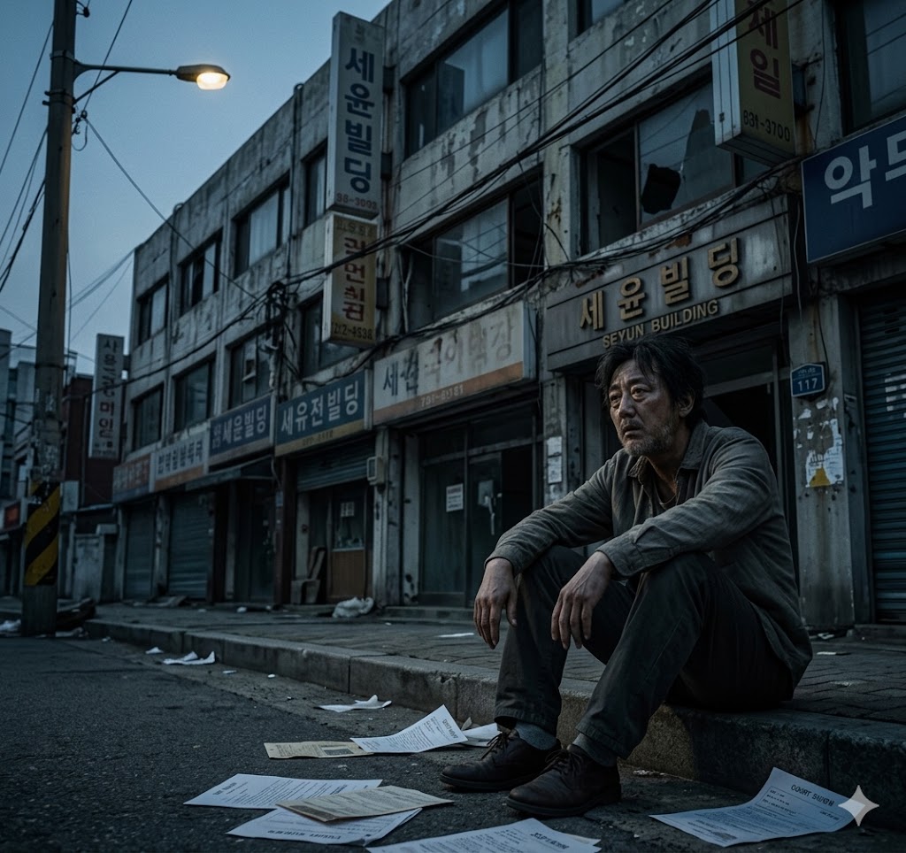 빚더미에 앉아 절망적인 표정으로 자신의 낡은 상가 건물을 멍하니 바라보는 기수종 역 하정우의 처절한 모습이 담긴 스틸컷