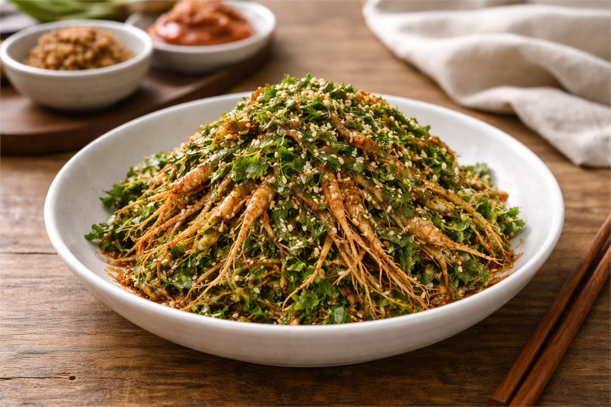  윤기 있게 무쳐진 냉이무침 완성 접시 