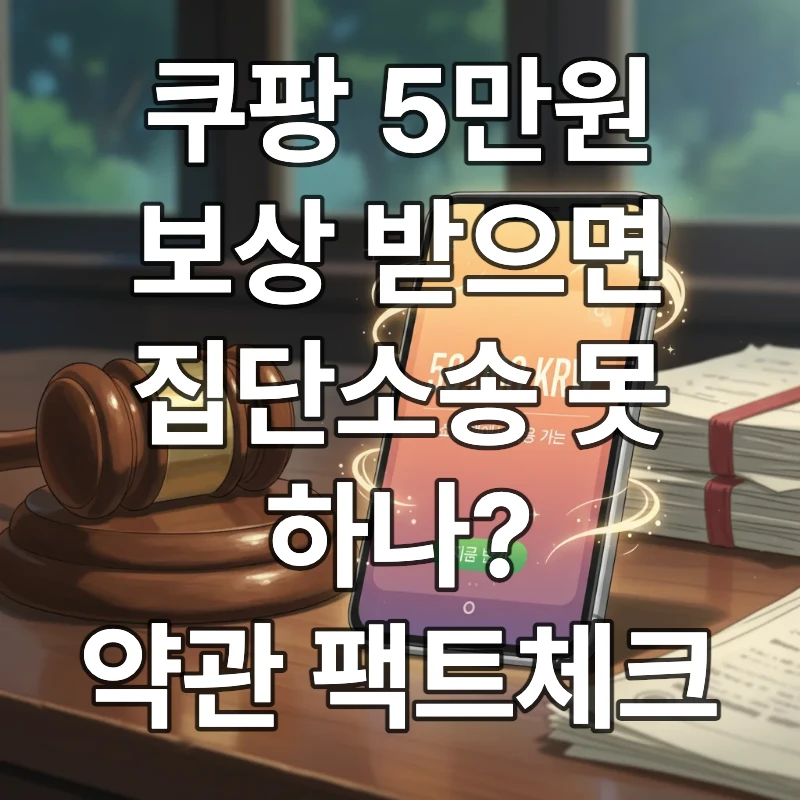 스마트폰 화면에 뜬 쿠팡 5만원 보상 쿠폰 알림과 배경에 놓인 법원 의사봉이 대비되는 모습