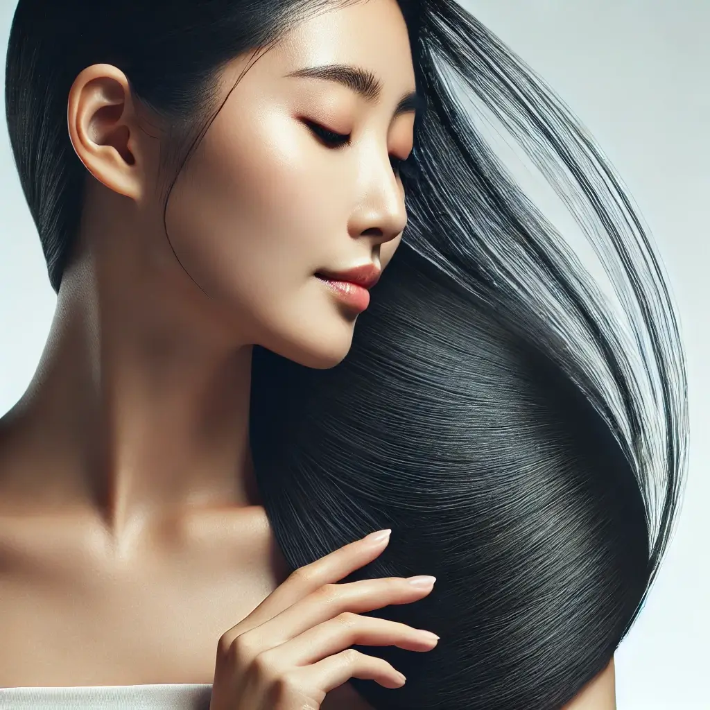 건강한 동양인의 두피 클로즈업 이미지, 매끄럽고 깨끗한 피부와 윤기 나는 검은 머리카락이 두피 관리와 탈모 예방의 효과를 강조. 자연스러운 조명 아래 두피와 모발의 활력과 건강함을 표현