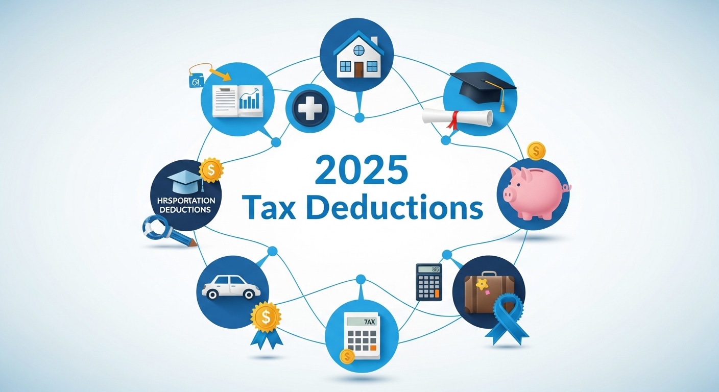 월세, 의료비, 교육비 등 2025년 연말정산에 새롭게 추가되거나 확대된 주요 공제 항목들을 시각적으로 정리한 아이콘 그래픽