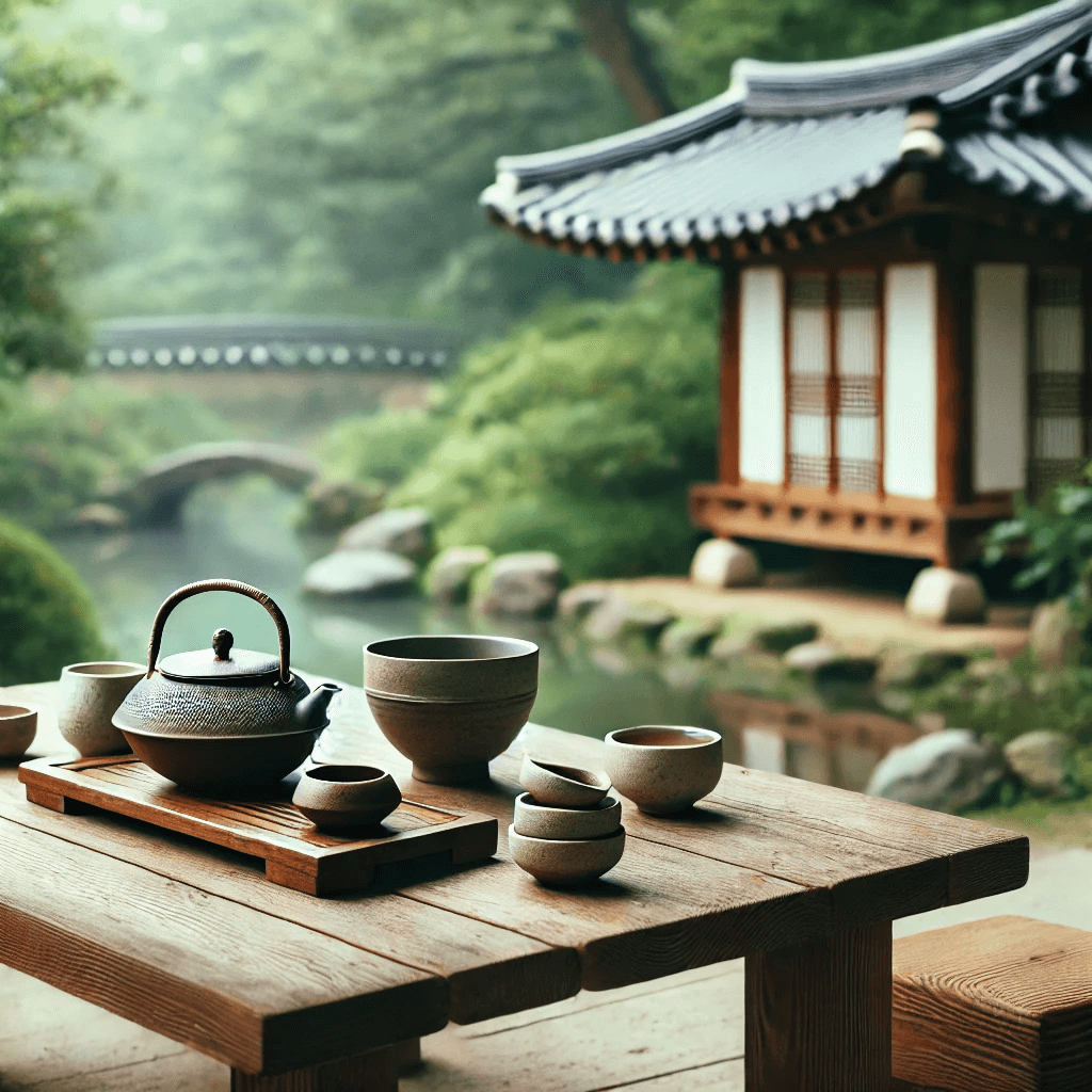 Overview of traditional Korean tea culture, including tea sets and serene garden setting