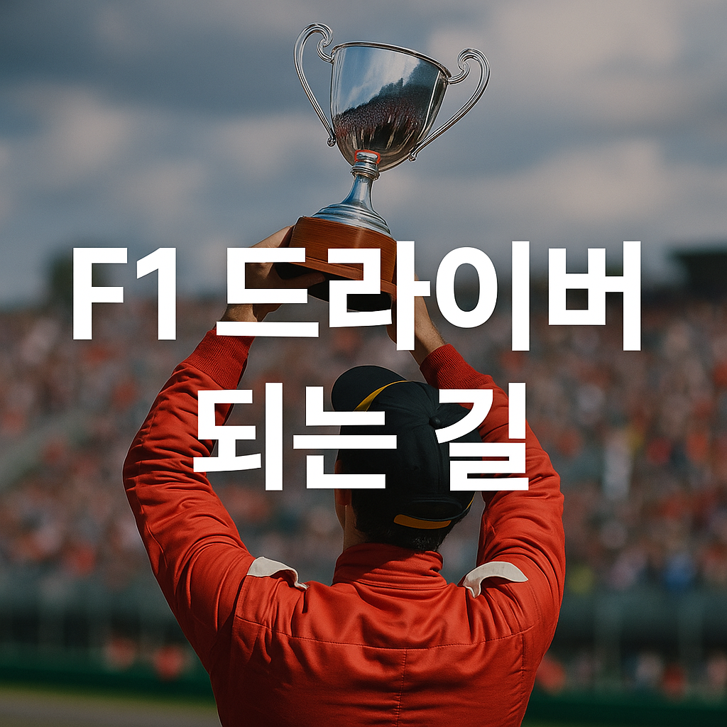 F1 드라이버 되는 길 문구와 트로피를 들어 올린 드라이버의 모습