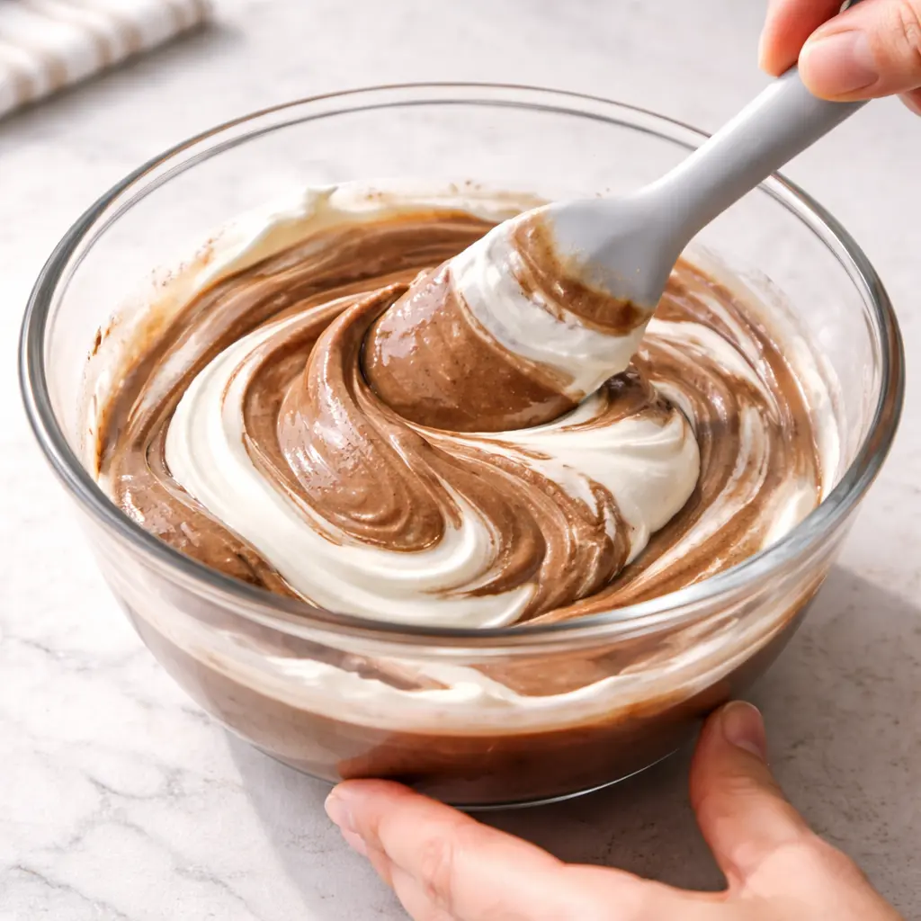 초코우유 베이스와 생크림을 섞는 과정 - 주걱으로 접듯이 섞는 폴딩 기법