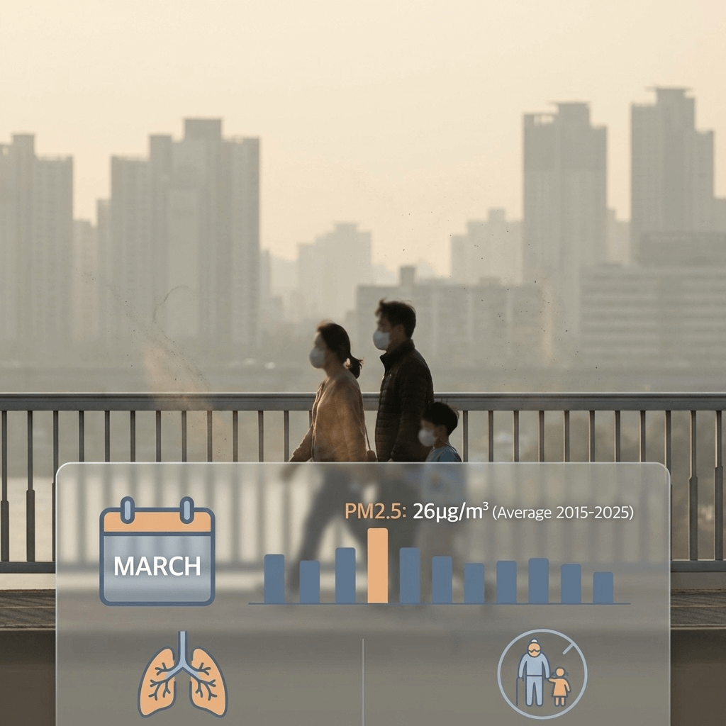Create a premium editorial-style summary image visualizing the 2026 spring fine dust outlook in Korea, inspired by real-world news context. Design a clean infographic-style composition showing a hazy urban skyline under a pale yellow-gray sky symbolizing yellow dust from the Gobi Desert and Inner Mongolia, with subtle particulate atmosphere in the air. Emphasize that March records the highest average PM2.5 level (26&mu;g per cubic meter) based on 2015&ndash;2025 data, and visually suggest increased respiratory risk among children and elderly through symbolic silhouettes wearing masks (no text in image). Use realistic scale, natural atmospheric perspective, and soft diffusion lighting as if shot with a 50&ndash;85mm lens. Apply three-point lighting logic to highlight the foreground subject subtly while keeping the background slightly desaturated and blurred for depth layering (foreground&ndash;middleground&ndash;background). Use cool gray-blue tones for health risk mood, contrasted with muted warm dust tones for seasonal dryness, incorporating asymmetry and leading lines for dynamic flow. Maintain clean negative space for a magazine-grade infographic feel, refined textures in air particles and skyline edges, cinematic yet photo-realistic rendering, seamless blending, no distortion, no exaggerated effects, premium commercial finish.