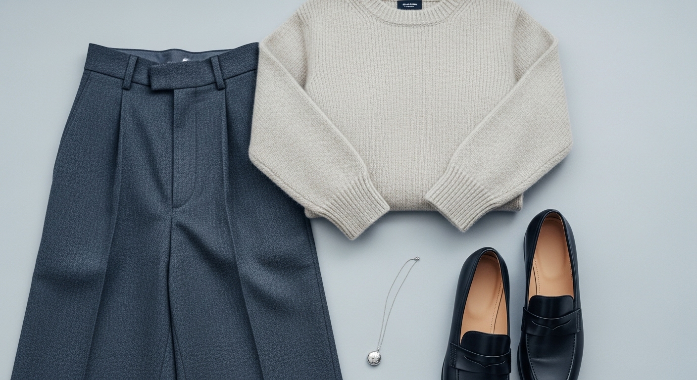 차콜 와이드 슬랙스, 오트밀 캐시미어 니트, 블랙 로퍼, 실버 목걸이가 깔끔하게 놓여있는 미니멀룩 플랫레이.