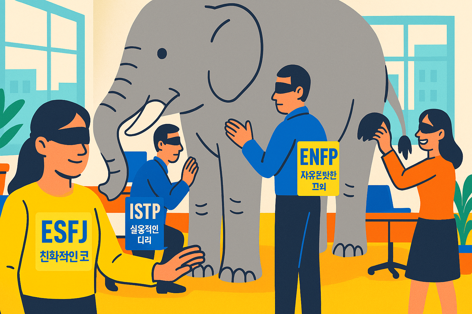 코끼리를 장님들이 만지고 있다.