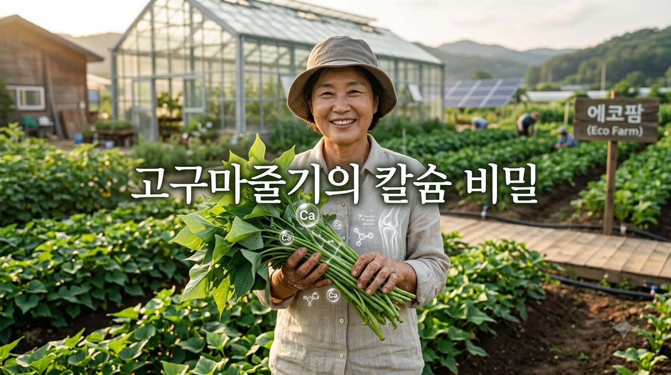 싱그러운 밭에서 수확한 싱싱한 고구마와 풍성하게 자란 고구마줄기를 함께 들어 올린 농부의 모습