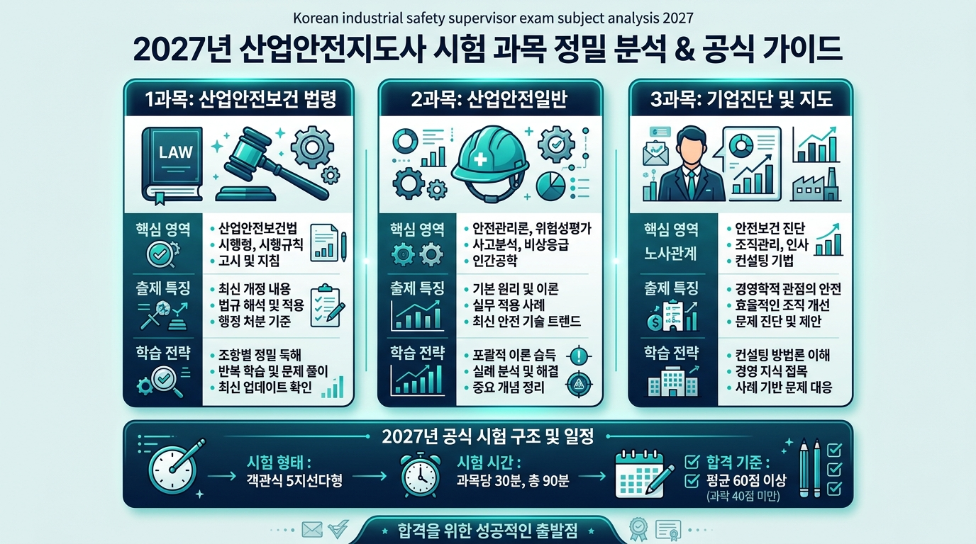 산업안전지도사 1차 시험 3개 과목 출제 범위 완전 정리 — 공통필수Ⅰ·Ⅱ·Ⅲ 구조 인포그래픽